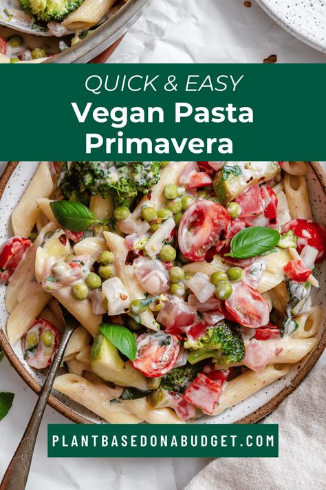 This one-pot Vegan Pasta Primavera recipe tosses fresh vegetables, herbs, and cooked pasta in a creamy, protein-packed sauce! Ready in less than an hour, enjoy it for easy spring and summer dinners. Vegan Pasta Primavera, Primavera Recipe, Pasta Primavera Recipe, Quick Easy Vegan, Cooked Pasta, Pasta Primavera, Vegan Pasta, Summer Dinner, Fresh Vegetables