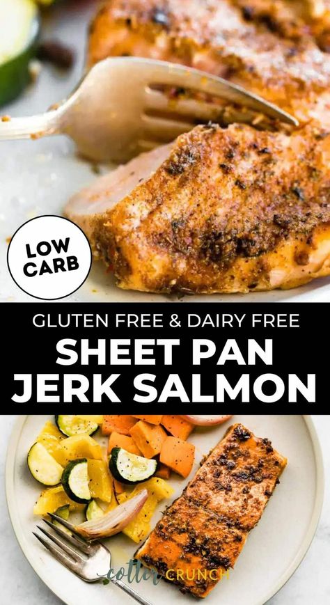 Sheet Pan Jerk Salmon is sweet, spicy, and so easy to make! Paired with veggies and baked on a sheet pan, it’s ready in about 30 minutes for a filling, nutritious, no-fuss meal. This baked jerk salmon is a healthy sheet pan dinner that's gluten free and dairy free. Low carb dinner recipes for the win! Low Fodmap Salmon, Fodmap Salmon, Low Carb Sheet Pan, Salmon With Veggies, Salmon Toppings, Immune Boosting Recipes, Jerk Salmon, Gluten Free Dinner Ideas, Nightshade Free Recipes