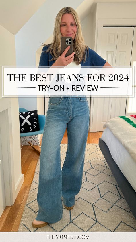 Found: the best jeans for 2024. Think: comfortable classics, perfectly executed and not-boring. | #TheMomEditStyle #FashionBlog #DenimTryOn #Jeans #BestJeans #BesJeansFor2024 #DenimReview #FullLengthJeans #WideLegJeans #VeronicaBeard #Rag&Bone #Wit&Wisdom #MOTHERDenim Wide Jeans And Boots Outfit, Mother Wide Leg Jeans, Slim Wide Leg Jeans, 2024 Fashion Trends Jeans, Wide Length Jeans Outfits, Flare Jeans Outfit 2024, What Jeans Are In Style For 2024, 2024 Jeans Style, Full Length Jeans Outfit