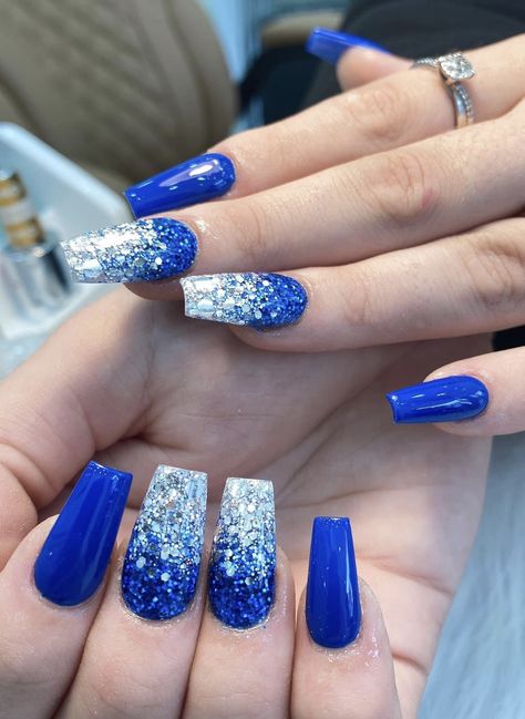 Royal Blue And Silver Nails Acrylic, Royal Blue With Silver Nails, Blue White And Silver Nails, Silver And Royal Blue Nails, Gel Nails Royal Blue And Silver, Cobalt Blue And Silver Nails, Hanukkah Nails, Dark Color Nails, White And Silver Nails