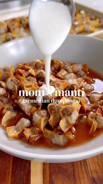 Nicole Keshishian Modic | KALEJUNKIE® on Instagram: "Follow @kalejunkie for more recipes! Let’s make my mom’s MANTI, one of my most favorite Armenian dishes! These are little crispy meat-filled dumplings in the shape of a boat that can be eaten alone or in a simple broth topped with garlic yogurt and sumac. SOOOOOO GOOD!⁣ ⁣ Note: other middle eastern cultures have their own take on Manti, this is the one I grew up with!⁣ ⁣ And also, most Armenian grandmas make their own dough from scratch and wo Armenian Manti Recipe, Manti Recipe, Filled Dumplings, Garlic Yogurt, Armenian Recipes, Meat Pies, Eating Alone, Pot Pies, Soup Season