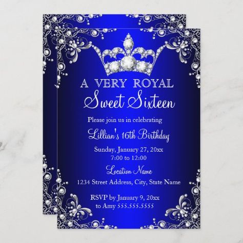 Royal Blue Sweet 16 Silver Pearl Damask crown for $2.95 - Birthday Invitations Blue Sweet 16, Silver Party Decorations, 16th Birthday Decorations, Sweet 16 Decorations, Birthday Cheers, Sweet 16 Gifts, Sweet 16 Birthday Party, Royal Blue And Gold, Sweet 16 Invitations