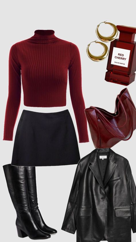 #cherrygirl #outfit #leather #cherry #red #black Cherry Inspired Outfit, Red Outfit Winter, Cherry Blossom Outfit, Ae Outfits, Dark Feminine Style, Red And Black Outfits, Cute Date Outfits, Cute Christmas Outfits, Casual Preppy Outfits