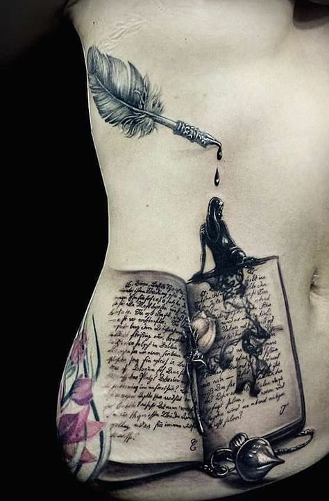 Old Book Tattoo Designs, Cracked Tattoo Ideas, Large Book Tattoo Ideas, Book Themed Tattoo Ideas, Enchanted Book Tattoo, Book Design Tattoo, Scrapbook Tattoo Ideas, Woman Book Tattoo, Skeleton With Book Tattoo