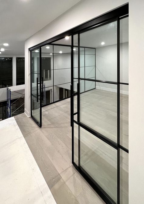 Framed Sliding Glass Doors | Crystalia Glass Modern Glass Barn Doors, Gym With Glass Doors, Golf Studio, House Plans Architecture, Gym Basement, Home Gym Basement, Studio Gym, Basement Gym, Double Sliding Doors