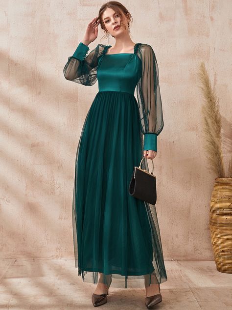 Contrast Mesh Lantern Sleeve Frill Trim Square Neck Dress Dark Green Long Dress With Sleeves, Square Neck Prom Dress Long Sleeve, Emerald Green Formal Dress Long Sleeve, Dark Green Prom Dresses Long, Satin Square Neck Dress, Emerald Green Prom Dress Long Sleeve, Dark Green Prom Dress Long Sleeve, Simple Prom Dress With Sleeves, Square Neck Dress Formal