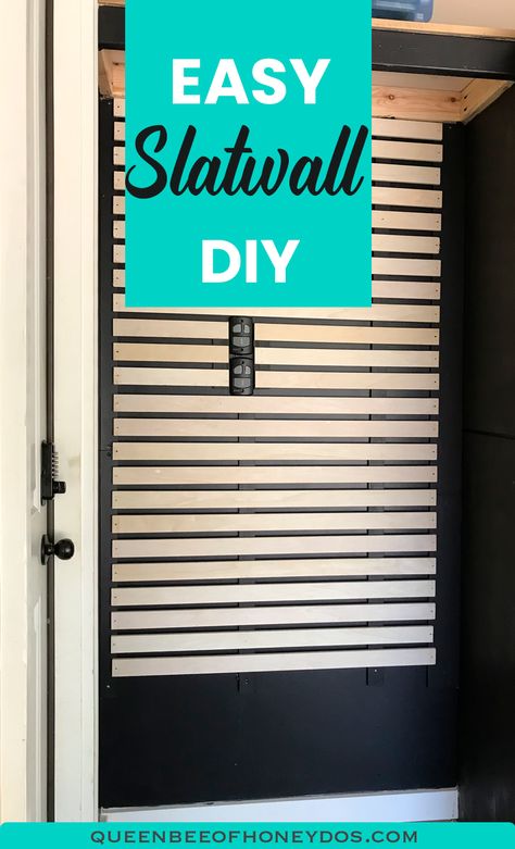 Upcycle leftover bed slats or plywood into a simple, easy, slat wall storage system. #workshop #mudbench #storage #entry Garage Wall Slats, Diy Slat Wall Display, Bed Slats Upcycle Diy, Diy Slat Wall Storage, Repurpose Bed Slats, Slat Wall Coat Rack, Cheap Garage Wall Covering Ideas, Slat Wall Closet, Bed Slats Diy Projects