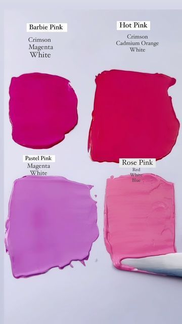 Pink Colour Mixing Chart, How To Make Dark Pink Colour, How To Mix Hot Pink Paint, How To Make Hot Pink Paint, How To Make Pink Colour, What Colors Make Pink, Pink Color Chart, Mixing Watercolors, Color Mixing Chart Acrylic