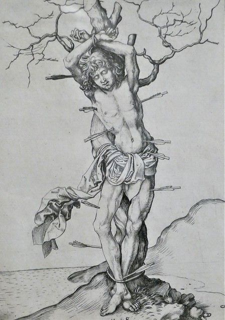 St Sebastian Tattoo, Saint Sebastian Tattoo, Martin Schongauer, Saint Sebastian, Medieval Drawings, Woodcut Art, Anatomy Sculpture, St Sebastian, Japanese Tattoo Art