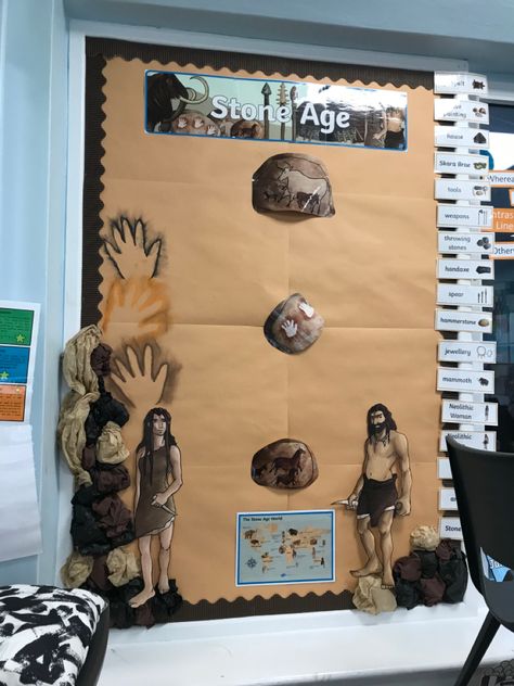 Stone Age School Display, Stone Age Display Year 3, Year 3 Classroom Ideas, Interactive Display Boards, Stone Age Ks2, Stone Age Display, Stone Age Boy, Archaeology For Kids, Pin Board Ideas