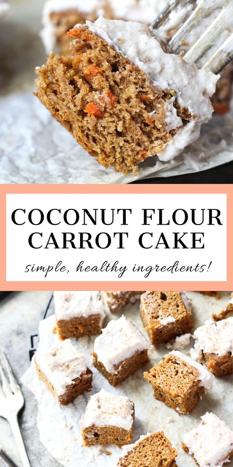 What's not to love about this Paleo Carrot Cake?! It's incredibly moist, has a kick of your favorite warming spices, and it's topped with a simple, dairy-free frosting! Plus it only takes about 20 minutes to put together, and less than an hour to bake. It's a great way to enjoy the classic flavors of carrot cake without grains, dairy, or refined sugars! (Only 6 grams of sugar per slice.) Coconut Flour Carrot Cake, Carrot Cake With Coconut, Cake With Coconut Flour, Dairy Free Icing, Cashew Frosting, Chocolate Coconut Slice, Cake Cravings, Coconut Cream Frosting, Paleo Carrot Cake