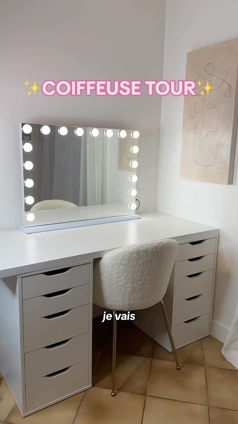 Marie Danede ✨ | Voici toute les références de ma coiffeuse : Meuble : IKEA - kit Alex + plan de travail 140cm Miroir : Amazon Hansong 80cm Chaise : Maison… | Instagram Ikea Kit, Camera Ikea, Ikea Room Ideas, Vanity Ideas Bedroom, Purple Bedroom Design, Ikea Vanity, Room Wishlist, Bedroom Ideas For Small Rooms Cozy, Aesthetic Room Ideas