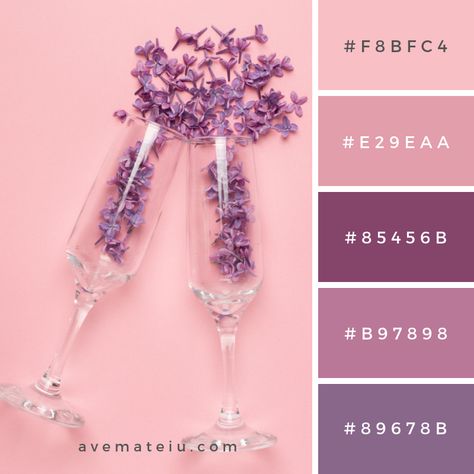 Champagne glasses with lilac flowers on pink color paper minimal style. summer holiday Color Palette #257 - Color combination, Color pallets, Color palettes, Color scheme, Color inspiration, Colour Palettes, Art, Inspiration, Vintage, Bright, Blue, Warm, Dark, Design, Yellow, Green, Grey, Red, Purple, Rustic, Fall, Autumn, Winter, Summer 2019, Nature, Spring, Summer, Flowers, Sunset, Sunrise, Pantone https://avemateiu.com/color-palettes/ Holiday Color Palette, Purple Color Palettes, Hex Color Palette, Color Schemes Colour Palettes, Color Palette Pink, Pastel Colour Palette, Brand Color Palette, Color Palate, Color Paper