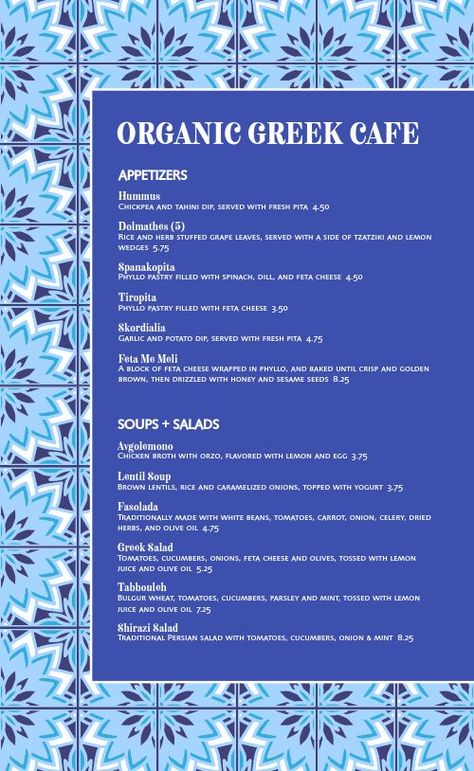 Organic Greek Cafe Menu Greek Menu Design, Cafe Menu Template, Greek Cafe, Tacos Menu, Fine Dining Menu, Greek Menu, Bbq Food Truck, Sandwich Menu, Bistro Menu