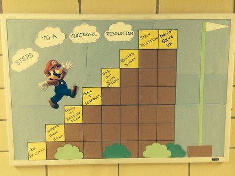 Super Mario School Bulletin Board, 4dx Scoreboard Ideas, Level Up Bulletin Board, Super Mario Bulletin Board Ideas, Mario Kart Bulletin Board, Level Up Bulletin Board Ideas, Super Mario Bulletin Board, New Year Resolution Board, Mario Bulletin Board