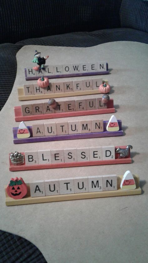 Scrabble Tray Crafts, Fall Scrabble Tile Crafts, Halloween Scrabble Tile Crafts, Scrabble Tiles Crafts, Scrabble Wall Art Diy Framed, Crafts With Scrabble Tiles, Scrabble Pieces Crafts, Scrabble Tile Crafts Diy, Scrabble Letter Crafts