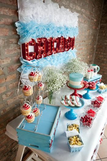 Chicago Baby Shower desert table decorations #babyshowerideas4u #birthdayparty #babyshowerdecorations #bridalshower #bridalshowerideas #babyshowergames #bridalshowergame #bridalshowerfavors #bridalshowercakes #babyshowerfavors #babyshowercakes Chicago Themed Party Decorations, Photos Decoration Ideas, Chicago Themed Party, Bachlorette Party Gifts, Chicago Birthday, Shower Photos, Chicago Baby, Unique Baby Shower Themes, Welcome Home Parties