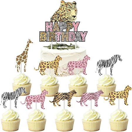 Jungle Animals Cake Decorations for Girls - Cheetah Birthday Cake Topper, 24Pcs Safari Animal Print Cupcake Toppers Cheetah Birthday Cakes, Animal Print Cupcakes, Cheetah Cakes, Cheetah Birthday, Forest Theme Party, Animals Cake, Jungle Cake, Forest Party, Safari Animal Prints