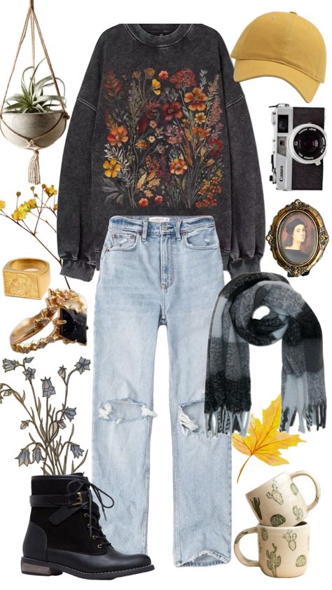 Yellow and Black Casual Outfit with Mom Jeans Cottagecore Jeans, Outfit With Mom Jeans, Black Casual Outfit, Earthy Outfits Aesthetic, Granola Outfits, Mom Jeans Outfit, Cottagecore Outfits, Earthy Outfits, Boho Style Outfits