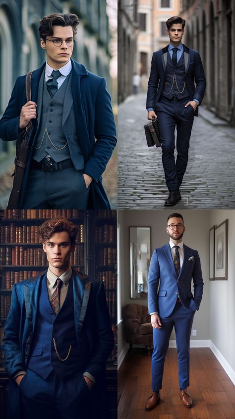 Dark Ravenclaw Aesthetic Outfit, Dark Academia Outfit Men, Harry Potter Ravenclaw Outfits, Elegant Suits Men, Fantasy Suit, Ravenclaw Costume, Blue Suit Outfit, Masquerade Outfit Ideas, Ravenclaw Outfit