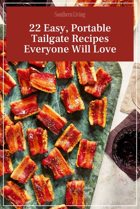 Serve up a great meal in any setting with these portable tailgating recipes. All it takes is a little advance planning, careful packing, and recipes that travel well or that can be cooked on-site. It's always good to round out your menu with a few non-perishable snacks that don't require refrigeration like pretzels, chips, snack mixes, and nuts. No matter how well your team plays, your tailgate spread is sure to score. #tailgate #tailgatefood #footballparty #snacks #partysnacks #tailgatesnacks Appetizers Tailgate, Tailgate Luncheon Ideas, Easy Tailgate Meals, Finger Food For Tailgating, Last Minute Snacks For A Party, Snack Meal Ideas, Football Party Finger Foods, Gourmet Tailgate Food, Appetizer Recipes Tailgate