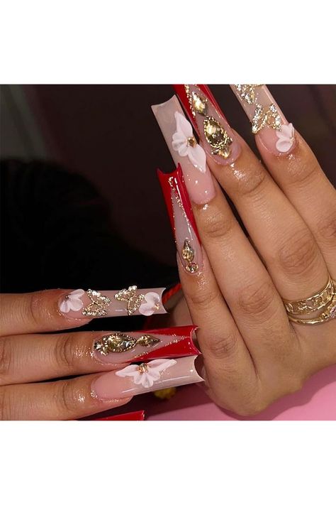 24pcs Long Coffin Press on Nails French Tip Fake Nails Set Red Edge Glitter Gold Stick on Nails Butterfly Flower Rhinestone Glue-on Nails Removable Acrylic False Nails Women Nail Art Accessories Nagel Tips, Manicure Tips, Nail Type, Nails Set, Hari Valentine, Nail Supplies, Nail Forms, Nail Length, False Nail