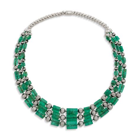 CARTIER ART DECO EMERALD, DIAMOND AND ENAMEL NECKLACE AND A PAIR OF ASSOCIATED EARRINGS | Christie's Art Deco Jewellery, Diamond Necklace Designs, Emerald Bead, Cartier Jewelry, Enamel Necklaces, Emerald Necklace, Elegant Necklaces, Fabulous Jewelry, Gorgeous Jewelry