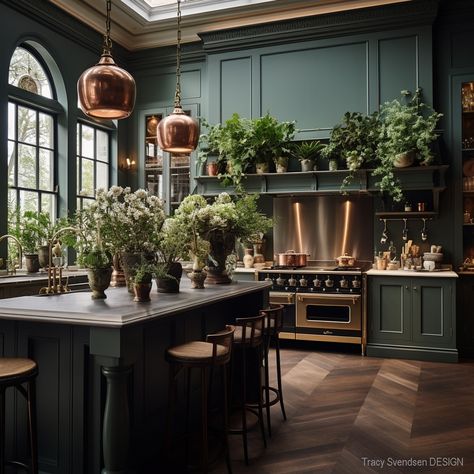 dark-green-kitchen-cabinets-tracy-svendsen-design-2 Dark Green Wall Kitchen, Dark Green And Walnut Kitchen, Dark Green Kitchens, Grey Green Kitchen, Green Kitchen Aesthetic, Dark Blue Kitchen Cabinets, Dark Brown Kitchen Cabinets, Green Kitchen Cabinet, Dark Brown Floor