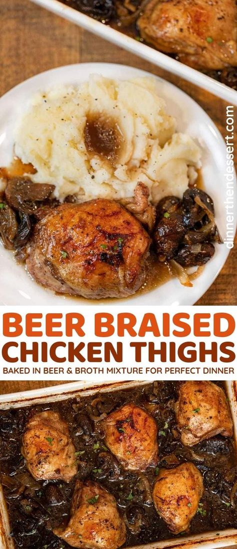 Beer Braised Chicken with onions and mushrooms is an easy, one-pot weeknight dinner with only 10 minutes of prep!  Instant Pot directions also - dinnerthendessert.com Dinner Chicken Thighs, Weeknight Dinner Chicken, Dutch Oven Chicken Thighs, Chicken With Onions, Beer Braised Chicken, Dutch Oven Chicken, Beer Dinner, Braised Chicken Thighs, Rotisserie Chicken Breast