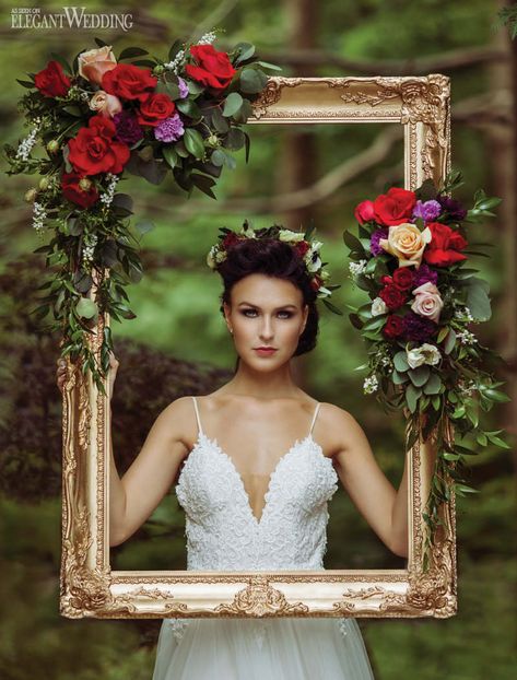 Gold Frame With Flowers, Portrait Props Ideas, Photoshoot With Picture Frame, Floral Frame Photoshoot, Woodland Photoshoot Ideas, Flower Frame Photoshoot, Enchanted Forest Theme Photoshoot, Gold Frame Photoshoot, Photo Area Ideas