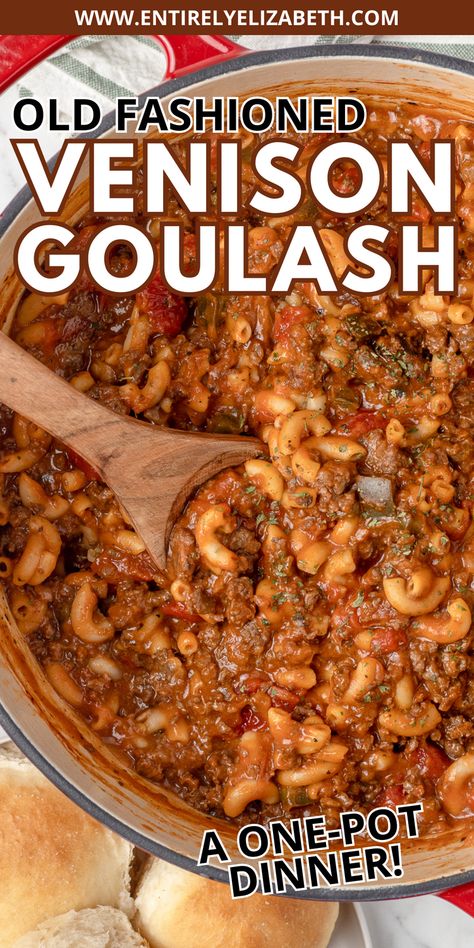 This delicious one-pot goulash uses ground venison, tomatoes, and macaroni for a budget-friendly family meal. My recipe riffs on a Michigan classic, using venison instead of beef for a saucier, heartier take. Enjoy it on cold winter days. Deer Meat And Noodles, Hunting Camp Food Ideas, Aip Ground Venison Recipes, Healthy Ground Deer Recipes, Minced Venison Recipes, Venison Mushroom Recipe, Easy Venison Dinner Recipes, Quick Venison Recipes, Recipes Using Ground Deer Meat