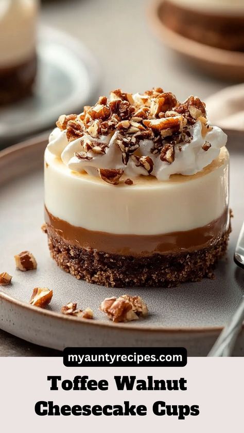 Treat your friends and family to these winter-friendly toffee walnut cheesecake cups—an irresistible dessert for your Friendsgiving dinner. With a balance of creamy cheesecake, toffee sweetness, and crunchy walnuts, this recipe brings warmth and joy to winter meals dinners. These cups are a delicious option when you're seeking winter dinner recipes or healthy winter treats that satisfy your sweet tooth without the guilt! Winter Meals Dinners, Walnut Cheesecake, Walnut Topping, Cheesecake Cups, Winter Meals, Friendsgiving Dinner, Winter Treats, Winter Dinner Recipes, Toffee Bits