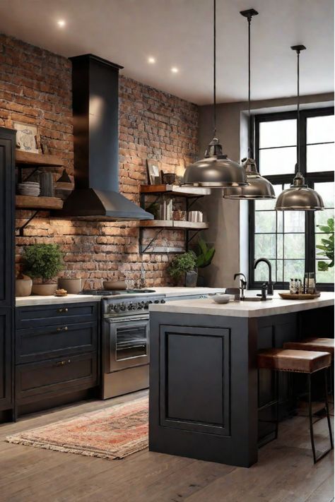 A mid-century modern kitchen with wood veneer cabinets and bold accent colors Moody Kitchen With Brick, Black Cabinets Kitchen Brick Backsplash, Black Cabinets Brick Backsplash, Old Chicago Brick Backsplash, City Kitchen Aesthetic, Brick Slip Kitchen, Faux Brick Wall In Kitchen, Wood And Brick Kitchen, Dark Industrial Kitchen