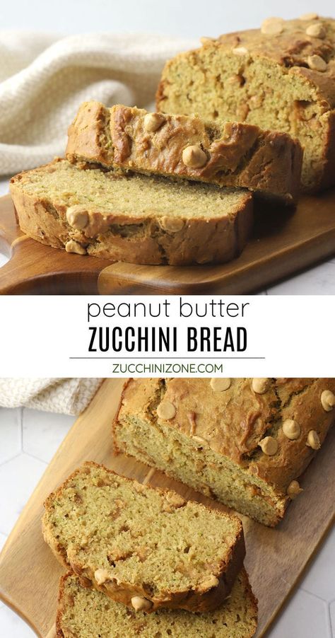 Peanut butter zucchini bread recipe by Zucchini Zone. Peanut butter zucchini bread is a moist, cakey zucchini bread that's perfect for peanut butter lovers. Made with creamy peanut butter, shredded zucchini, and peanut butter chips. #peanutbutterzucchinibread #zucchinibread #peanutbutterbread #quickbread #peanutbutter #recipe Peanut Butter Zucchini Cake, Peanut Butter Chocolate Chip Zucchini Bread, Peanut Butter Zucchini Muffins, Zucchini Bread Machine Recipes, Peanut Butter Zucchini Bread, Bread Machine Zucchini Bread, Zucchini Loaves, Shredded Zucchini Recipes, Zucchini Breads