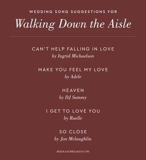 Wedding Music: What to Play and When to Play It | Songs for Walking Down the Aisle | http://brideandbreakfast.ph/2017/01/22/wedding-music-guide/ Ceremony Music List, Wedding Songs To Walk Down Aisle, Wedding Music Playlist, Wedding Ceremony Music, Wedding Reception Music, Wedding Playlist, Wedding Song, Song Suggestions, Cant Help Falling In Love