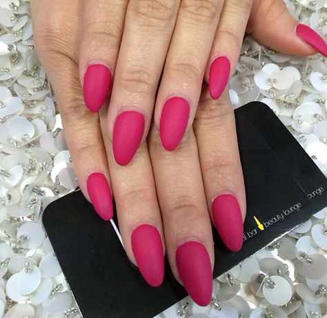 Matte fuschia almond shape nails Pink Nails Stiletto, Matte Almond Nails, Bubblegum Pink Nails, Rose Pink Nails, Barbie Pink Nails, Blush Pink Nails, Pastel Pink Nails, Gel Nails Long, Dark Pink Nails