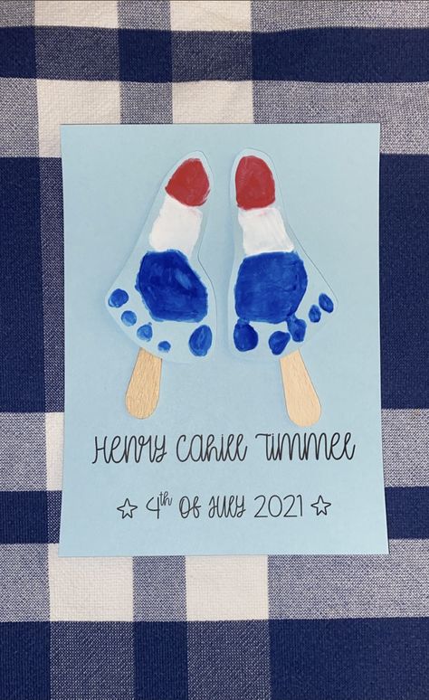 Fun Theme For Preschool, Fourth Of July Infant Activities, Fourth Of July Pictures Ideas, 4th Of July Infant Activities, Infant Room Art Projects, Popsicle Footprint Art, Labor Day Baby Crafts, Firecracker Footprint Art, Fourth Of July Daycare Crafts