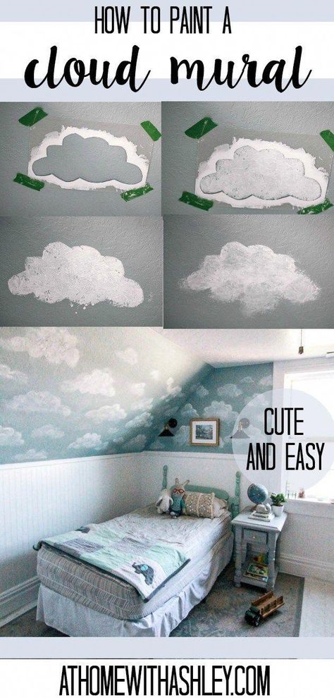 how to paint a cloud mural DIY. This would be beautiful in a nursery or any kids bedroom. Click through for a step by step tutorial with products so you can creat this wall art. I also share ideas and inspiration for adding in cloud animals that your child will love! #kidsbedroom Cloud Mural Bedroom, Wallpaintings Ideas, Cloud Animals, Cloud Mural, Mural Diy, Wall Murals Diy, Kids Room Murals, Cloud Wall, Diy Wall Painting