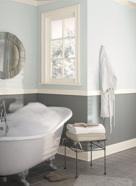 Benjamin Moore paint cinder and silvermist. These are the two colors in my boys bathroom. Tranquil Bathroom, Two Tone Walls, Small Bathroom Colors, Hale Navy, Bathroom Retreat, Bathroom Color Schemes, Bathroom Paint Colors, Dark Furniture, Kitchen Paint Colors