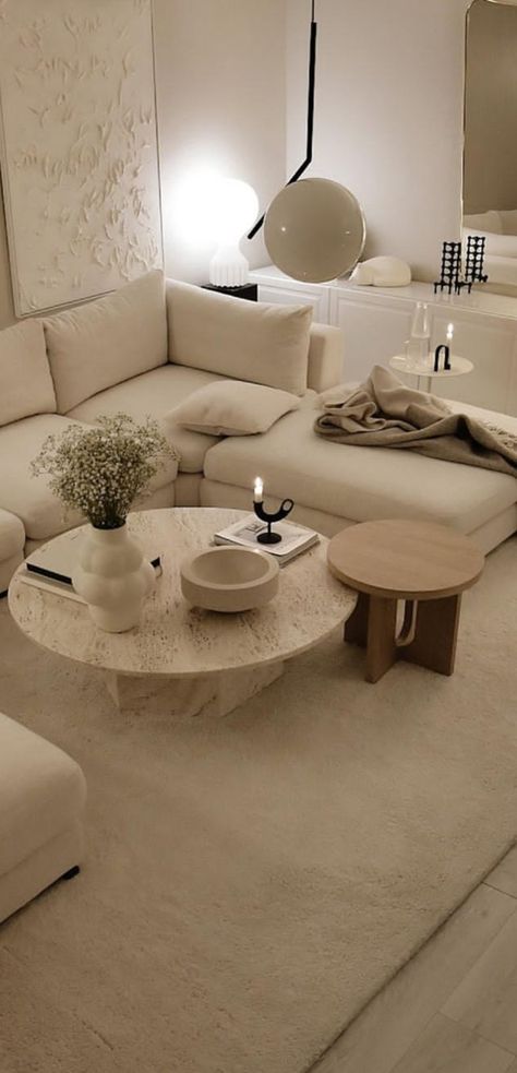 Minimalist Neutral Apartment, Cream Apartment Living Rooms, Neutral Aesthetic Living Room Decor, Off White Home Decor, Living Room Modern Scandinavian, Beige Aesthetic Home Decor, Nude Apartment Decor, All White Apartment Decor, Cream Home Aesthetic