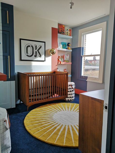 The Building Block Boys Nursery — Barbara Ramani Interiors Bold Color Nursery, Color Block Nursery, Colorful Baby Room Ideas, Maximalist Nursery Decor, Eclectic Boy Nursery, Colorful Baby Boy Nursery, Boy Nursery Colorful, Baby Boy Nursery Colorful, Retro Boy Nursery