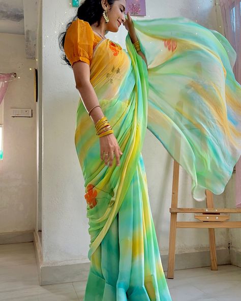 Multicolor chiffon saree, it’s one of a kind design I recently did for a haldi bride🌸 it’s Inspired by the colors of sea, sun and earth❣️ Enhanced with bronze gota✨ Let’s discuss your next dreamy outfit in DM💌 [haldi, saree, wedding inspiration, handpainted, chiffon, process video] #haldioutfit #chiffonsaree #handpainted #luxuryoutfit #instagramreels #processvideo #labelprisha #sustainableoutfit #haldioutfit Haldi Saree, Haldi Bride, Haldi Outfit, Sun And Earth, Yellow Saree, Saree Design, Chiffon Saree, Sustainable Clothing, Saree Wedding