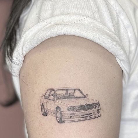 fine line car tattoo Fineline Car Tattoo, Fine Line Car Tattoo, Bmw E30 Tattoo, E30 Tattoo, White Ferrari Tattoo, Vintage Car Tattoo, Car Tattoos For Guys, Bmw Tattoo, Auto Tattoo