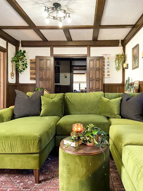 Green Velvet Sectional, Dinosaur Bingo, Olive Green Couches, Green Velvet Sofa Living Room, Green Sofa Living, Green Couch Living Room, Pan Wall, Green Sofa Living Room, Funky Living Rooms