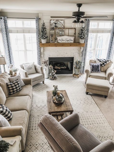 Cozy Winter Living Room Decor! The perfect transition after Christmas! | Wilshire Collections Farmhouse Living Room Curtains, Winter Living Room Decor, Winter Living Room, Furnitur Ruang Keluarga, Farmhouse Living Room Decor Ideas, Rustic Farmhouse Living Room, Modern Farmhouse Living, Modern Farmhouse Living Room, Christmas Decorations Living Room