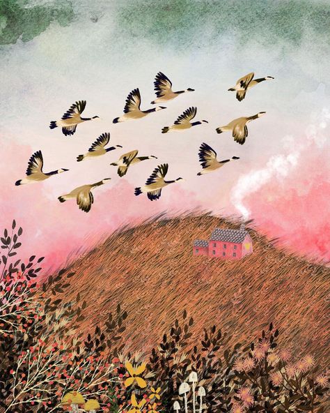 Late Summer Illustration, English Countryside Illustration, Laivi Illustration, Geese Illustration, Land Illustration, Barbara Cooney, Illustration Autumn, Happy Tuesday Friends, Print Cards