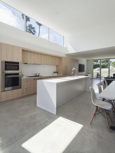 Concrete Floor Kitchen, Kitchen Concrete Floor, Concrete Kitchen Floor, Japandi Kitchen, White Oak Kitchen, Wooden Cupboard, Kitchen Interior Design, Concrete Kitchen, New Kitchen Cabinets