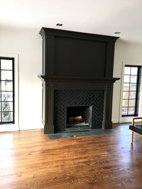 Glossy Black Fireplace, Black Craftsman Fireplace, Dark Marble Fireplace Surround, Large Black Fireplace, Black Tile Around Fireplace, Moody Fireplace, Beach House Fireplace, Tile Around Fireplace, Fireplace Accent Walls