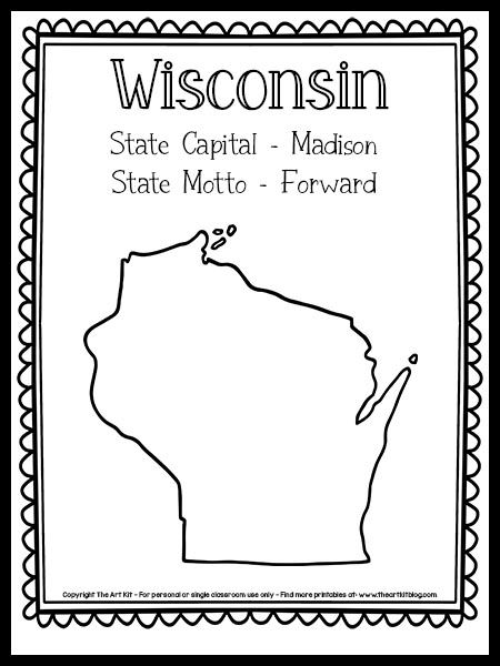 Wisconsin State Outline Coloring Page {FREE Printable!} - The Art Kit State Project, Classroom Map, Coloring Page Free Printable, The 50 States, State Symbols, Maps For Kids, Wisconsin State, Piano Room, Processing Disorder