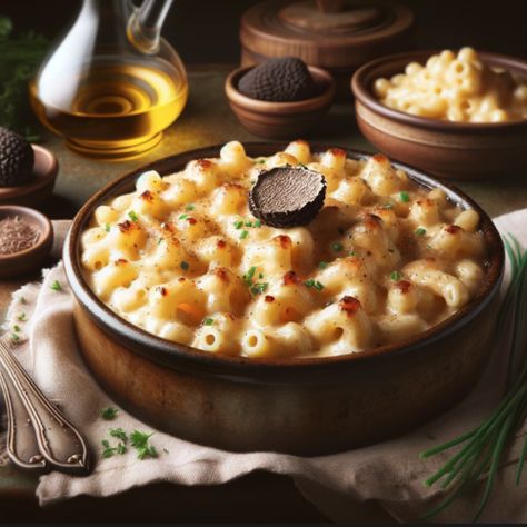 Truffle Macaroni and Cheese – The AI Gourmet - The AI Gourmet Truffle Mac N Cheese, Truffle Oil Recipes, Truffle Mac And Cheese, Cheddar Mac And Cheese, Food Buffet, Gourmet Cheese, Party Food Buffet, Gourmet Dinner, Favorite Recipes Dinner